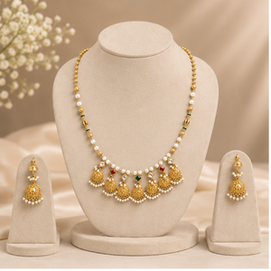 Gold Beaded Necklace and <b>Earring</b> Set Pearl and Gemstone Choker Jhumka Jewelry for Women Gift Ceremony Wear - Product Image 1