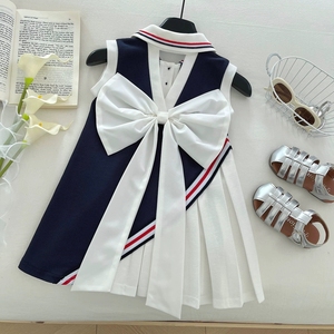 Elegante Vestito con Fiocco Blu Navy e Bianco per Bambine, Design Principessa, Gonna Estiva per Bambini 2026 - Product Image 1
