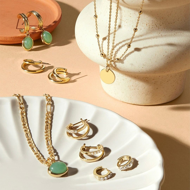 Vintage 18k Gold Plated Chain Necklace Green Jade Gem Earrings Pendant Set Stainless Steel Jewelry Sets Wedding for Woman
