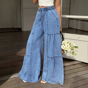 <span class=keywords><strong>Jeans</strong></span> a Gamba Larga da Donna <span class=keywords><strong>con</strong></span> Coulisse <span class=keywords><strong>in</strong></span> <span class=keywords><strong>Vita</strong></span>, Denim Lavato Effetto Usurato, Vestibilità Ampia, Pantaloni Casual - Product Image 1