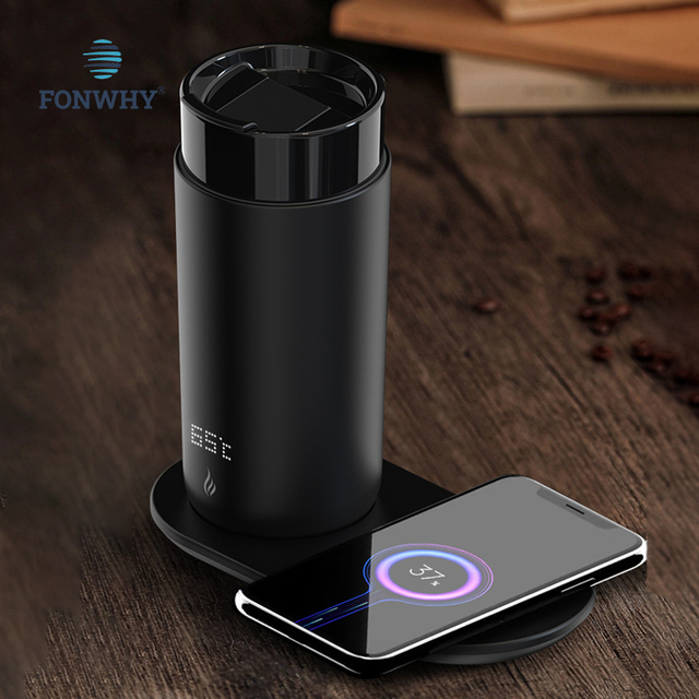 Fonwhy 12 oz Ceramic Coffee Thermal Mugs Smart Temperature Control Display Travel Cups Wireless Phone Charger Coaster Applicable