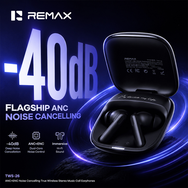 REMAX TWS-26 ANC ENC Noise Cancelling TWS Earbuds Bluetooth 6.0 40dB HiFi Stereo 50H Battery Support APP Dual Device Headphones