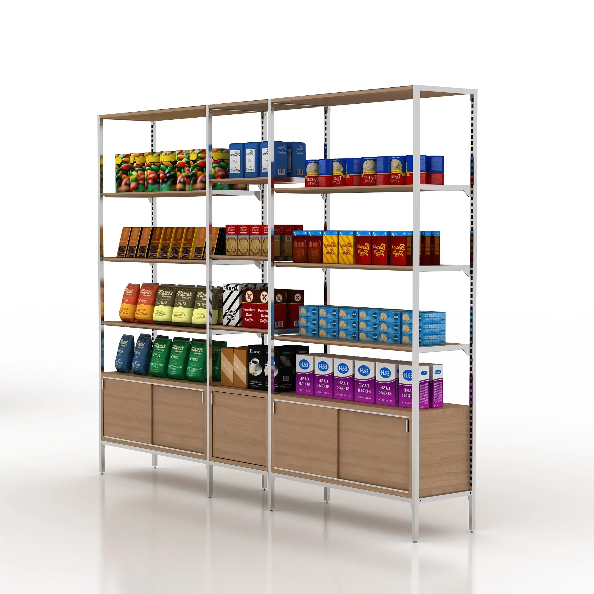 Oem factory chain fitting metal store fixtures wood modular coffee shop shelves and display cabinets for snack