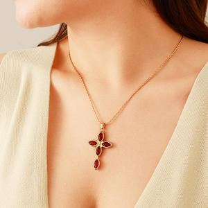 Stainless Steel <b>Necklace</b> With <b>Ruby</b> Cross Pendant 18K Gold Plated Adjustable For Gift - Product Image 2