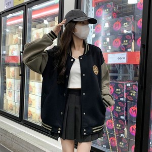 Women's Black Khaki Baseball Jacket Medium Thickness Woven Casual Loose College Style Spring Autumn Coat - Product Image 2