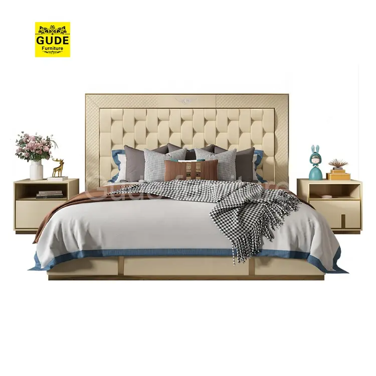Ensemble de meubles de chambre à coucher et lit en bois massif et en cuir au design classique de luxe moderne