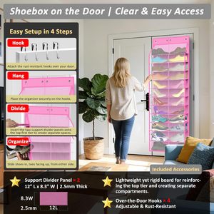 Over Door <b>Shoe</b> Organizer 24 Pair Capacity 12 Tier Hanging Storage for Sneakers Boots Kids Family Pink Mesh Rack - Product Image 5