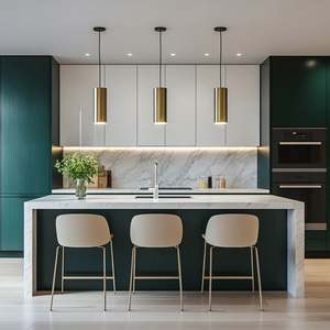 Armoires de cuisine laquées contemporaines de forme incurvée, prêtes à assembler, îlot en acier inoxydable, structure en MDF, évier en verre pour usage domestique - Product Image 5