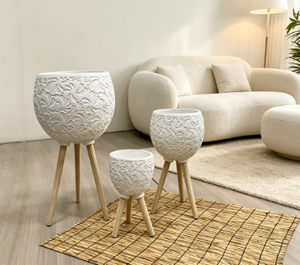 Pots à fleurs en céramique avec pieds en bois, style minimaliste, sculptés à la main, ensemble de 3, pour la maison et l'hôtel - Product Image 2