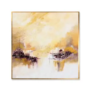 New Sunrise Lakeside Landscape Oil Painting on Canvas for Living Room Wall Decor 100% Hand Painted Modern Knife Painting