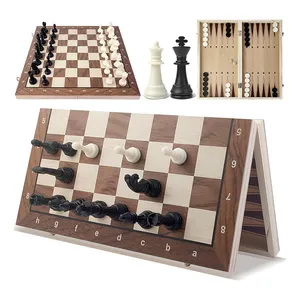 15x15'' पोर्टेबल फोल्डेबल लकड़ी का बोर्ड गेम मैग्नेटिक 3 इन 1 डिज़ाइन शतरंज चेकर्स सेट
