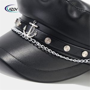 قبعة مموهة بسلسلة معدنية عتيقة من الجلد ، قبعة كحلي بريطانية أنيقة ، قبعة سوداء ذات ذروة - Product Image 3