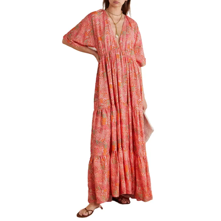 women clothing beach boho dresses 2022 summer Short sleeve elegant Bohemian chiffon Layered floral maxi dress for women