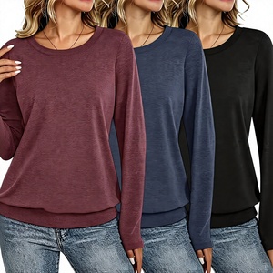 T-shirt en tricot à manches longues pour femme, col rond, couleur unie, coupe ample, décontracté, respirant, en coton, collection toutes saisons, Bangladesh - Product Image 3
