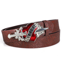 Ceinture Western Personnalisée JULUN en Similicuir pour Homme, Boucle Ornée Tête de Mort et Poignard en Argent Vieilli, Style Punk Gothique pour Jeans