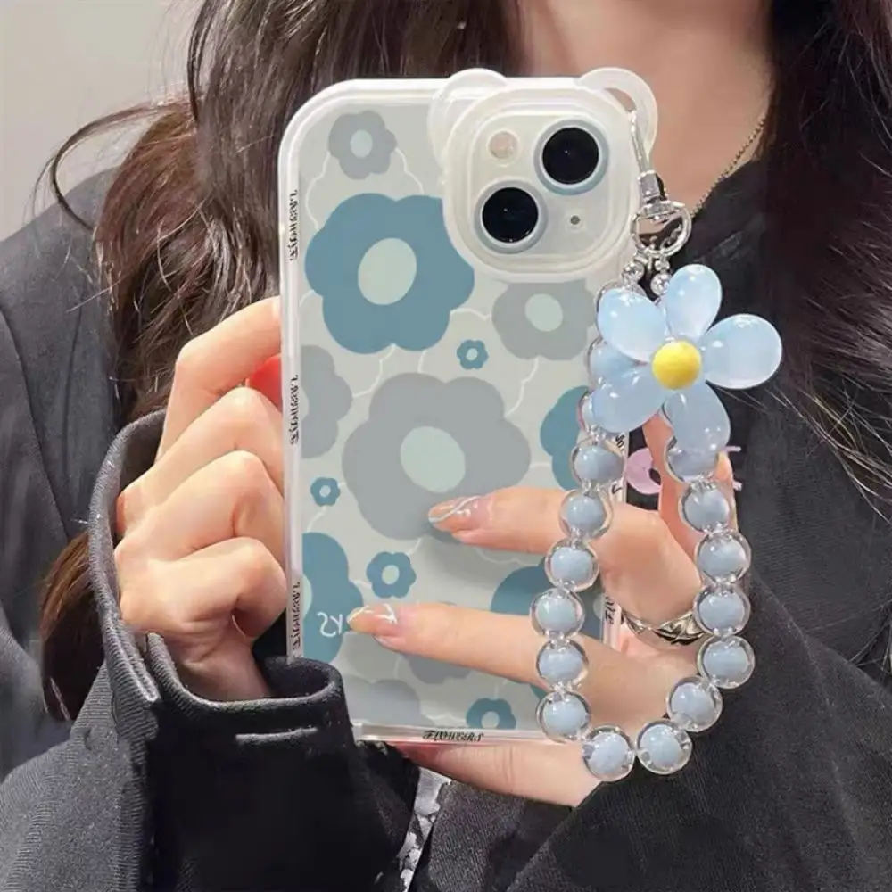 Fresh Blue Flower Bear Ear Chain Pendant Phone Case For Iphone 14 Plus Pro Max For Apple13 Pro Personalized Mobile Phone Case