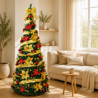 Arbre de Noël artificiel pré-éclairé Ownerparty de 6 pieds et 7 pieds avec ruban doré et poinsettia, lumières LED chaudes, décoration de Noël de luxe