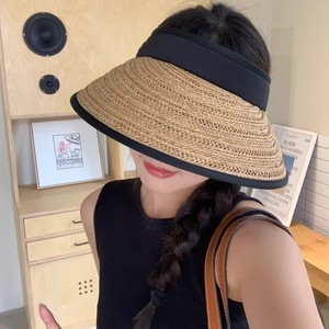 Sombrero tejido con visera para mujer, ala ancha, protección solar para verano, transpirable, color sólido, para adultos, femenino, no plegable - Product Image 1