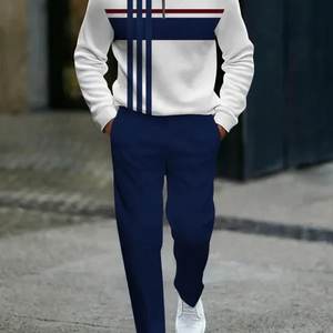 男士复古开链长袖衬衫速干数码印花休闲条纹户外运动街头服饰 2 件套 - Product Image 6