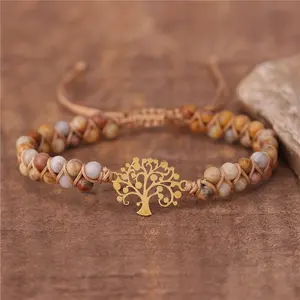 Adjustable Boho 18 Gold Stainless Steel Tree Of Life Charm Gemstone Beaded Macrame Bracelet Gypsy Women Yoga Jewelry Wholesale
