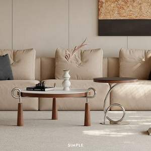 Minimalist Round Coffee <b>Table</b> Wood Top Metal Base Living Room Furniture Designer Modern Style <b>Set</b> - Product Image 2