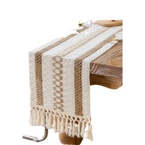 Chemin de table rectangulaire en coton et lin style bohème à rayures avec pompons, décoration de table pour la maison, lavage à la main, fibre de polyester - Product Image 3