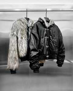 Veste unisexe en cuir de haute qualité, nouvelle mode, personnalisable par OEM, coupe-vent, hiver, avec fourrure douce grise, réversible, fermeture éclair, streetwear - Product Image 2