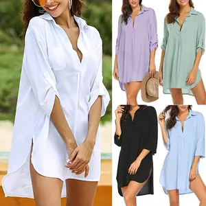 Blus Pakaian Renang Pantai Wanita, Atasan dan Blus Kasual Baju Renang Tabir Surya Leher V Dalam Mode Musim Semi