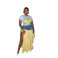 Ensemble jupe midi en jean Y2K sexy pour femme, avec t-shirt imprimé fruits et jupe taille haute fendue sur le côté, tenues assorties pour l'été