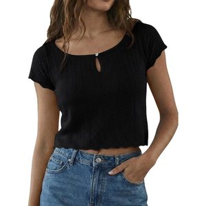 Custom Womens <b>Crop</b> <b>Top</b> <b>Short</b> <b>Sleeve</b> Scoop Neck Knit Pullover Summer Casual Outfit Viscose Cotton Blend - Product Image 1