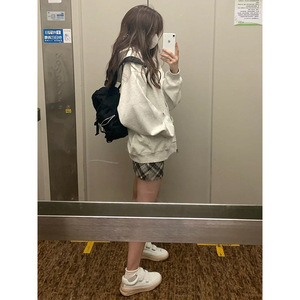 Grey Korean Style Fleece Lined Sweatshirt Women Winter Hooded Drawstring Zipper <b>Cardigan</b> Casual Loose Top - Product Image 3