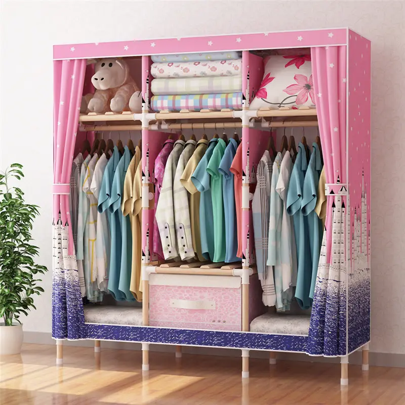 Rideau de chambre à coucher, armoire pliante en bois avec couverture Oxford, toile, vêtements portables, armoires, placard pour enfants