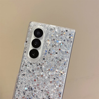 Étui de téléphone chic et élégant en paillettes argentées brillantes pour Samsung Galaxy Z Fold 7-4, avec sangle en perles et nœud en cristal pour Z Flip 7-3
