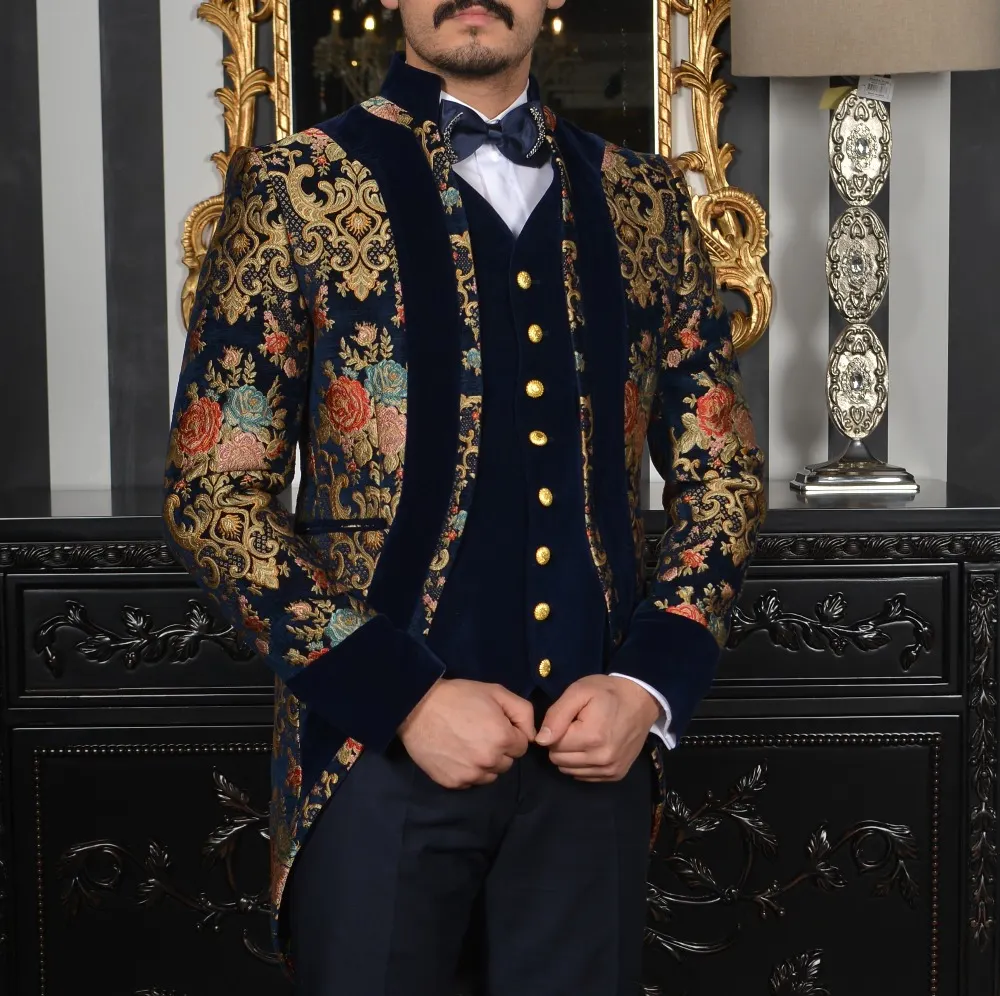 New Costume Navy Blue Floral Jacquard Prom Men Suits Wedding Slim Fit Tuxedo Male Blazer 3 Pcs Jacket Pants Vest