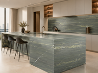 Dalles de marbre vert McLaren polies, découpées sur mesure pour les plans de toilette, les lavabos, les îlots de cuisine et les plateaux de tables consoles
