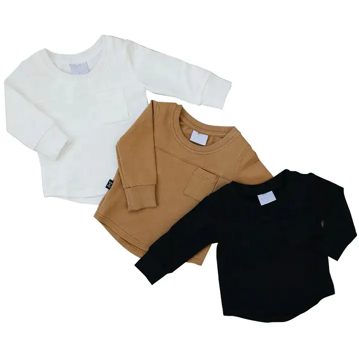 Camicie a maniche lunghe per neonati in cotone elasticizzato con orlo curvo con tasca