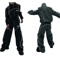 Veste à capuche sportive à design réfléchissant surdimensionné avec logo brodé personnalisé et ensemble de survêtement pantalon à jambes larges à design réfléchissant