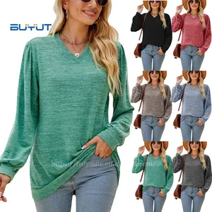 New design custom ladies V-neck polyester cotton heather classic leisure long sleeve t shirts solid loose fit for women