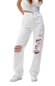 Ripped Hole Distressed Women <strong>White</strong> Denim Jeans Trendy Straight Fit <strong>Lady</strong> <strong>Trousers</strong> Jeans Washed Denim Cargo Pants for Women - Product Image 3
