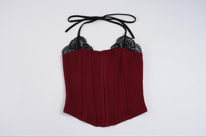 Vintage <b>Lace</b> Panel Halter Top-Sexy <b>Corset</b>-Inspired CAMIS with Slim Fit Crop Design Knitted - Product Image 2