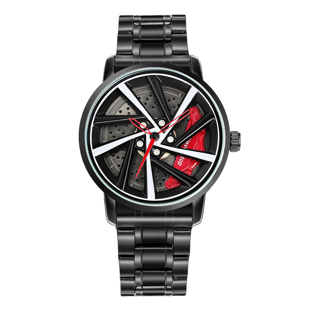 Small MOQ Black Stainless Steel Band Fashion Style Citizen Movement Alloy Wheel Rim Wrist Watch Spinning 360 Pointer Dial
