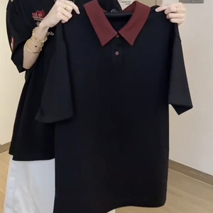 Polo à manches courtes noir pour femme, couleur unie, décontracté, longueur normale, tissu Oxford avec col bordeaux - Product Image 3