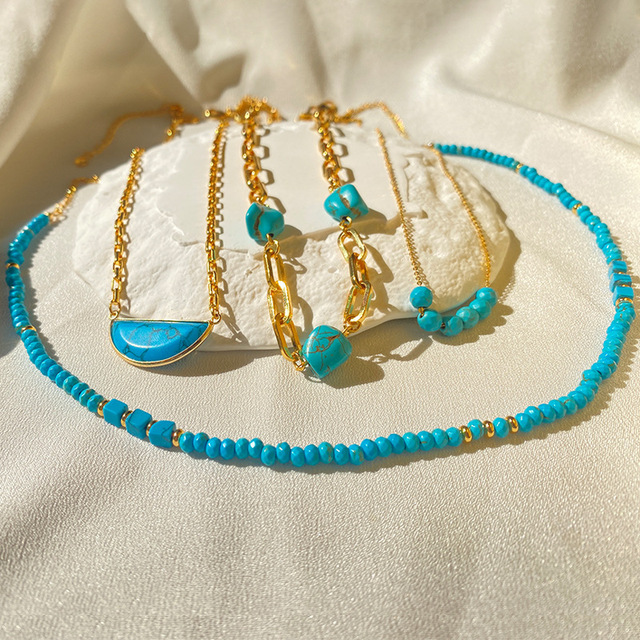 Bohemian Style Popular Turquoise Handmade Bead Collarbone Chain Plated 18K Real Gold Chain Non Fading Necklace