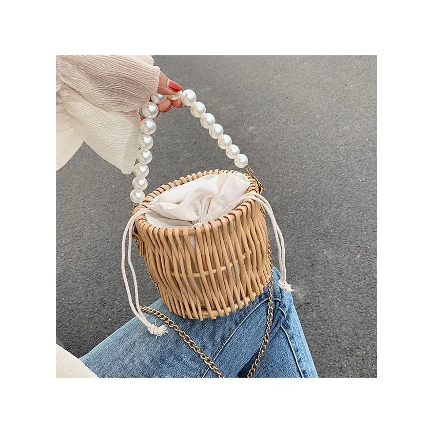 Bolsa de ombro redonda artesanal de luxo, bolsa balde em formato de rattan tecido, feito à mão, 2020