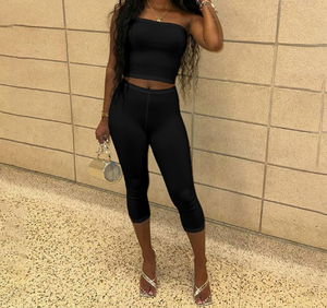 Viviblook J25ST083 Summer Outfit <b>Sexy</b> Solid Color Strapless Crop Top Elastic Waist Cropped Pants Suit 2 Piece <b>Set</b> Women Clothing - Product Image 1