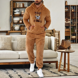 Conjunto de Sudadera con Capucha de Forro Polar Marrón para Hombre con Aplique de Oso, Chándal Informal de Dos Piezas, Ropa de Invierno - Product Image 2