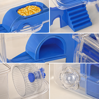 Kit Cage Complète pour Hamster et Gerbil Bleu avec Plateforme, Bouteille d'Eau et Roue - Habitat Multi-Niveaux Tout-en-un 5 Pièces en Plastique Transparent/ABS