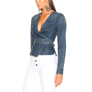 Chaqueta Vaquera de Mezclilla para Mujer, Estilo Elegante y Ejecutivo, Lavado Ácido Vintage, Corte Recortado, Escote en V Profundo - Product Image 3