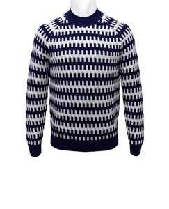 Pull en tricot géométrique bleu et blanc pour homme, manches longues, vêtements d'hiver - Product Image 3