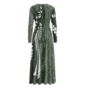 Vestidos Maxi Elegantes para Mujer con Estampado Tribal Polinesio Verde de Alta Calidad, Cintura Ajustada y Escote en V Sexy - Product Image 4